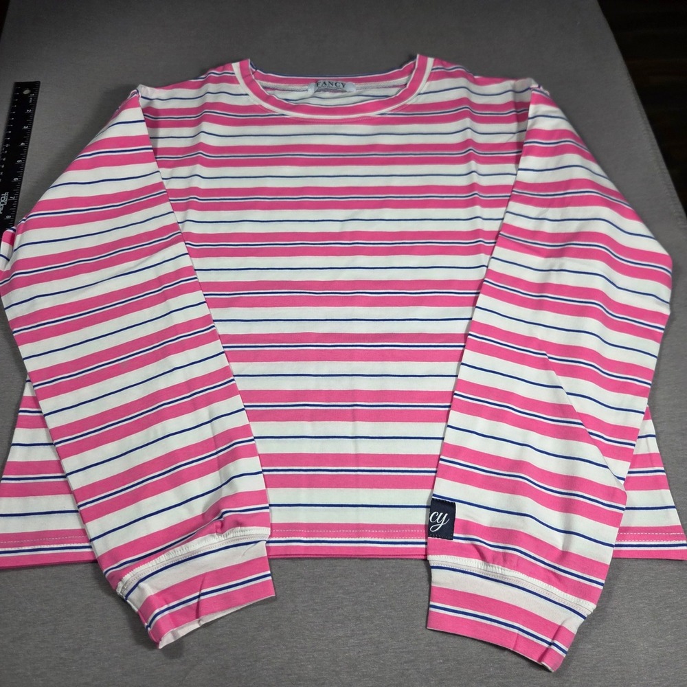 New Fancy Pink Blue White Striped Long Sleeve Crew Neck Top XS/S Cropped Shirt